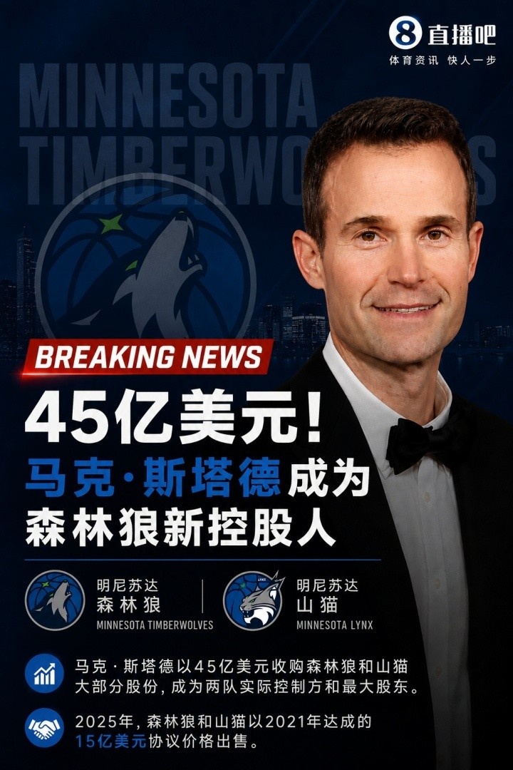 名记：斯塔德正式成为森林狼老板要到1月 他与总裁康奈利关系密切